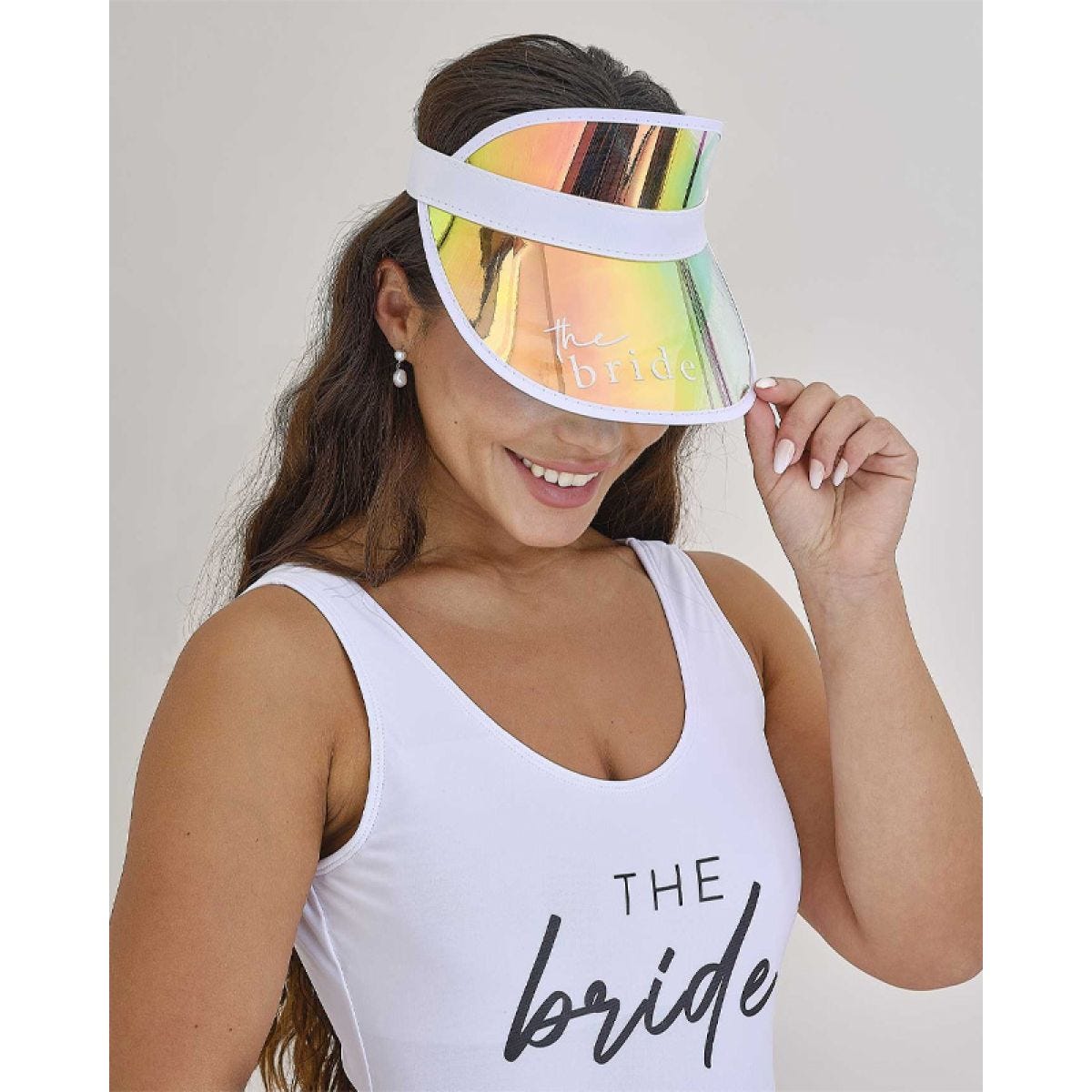 White Holographic &apos;The Bride&apos; Visor Hen Party Hat