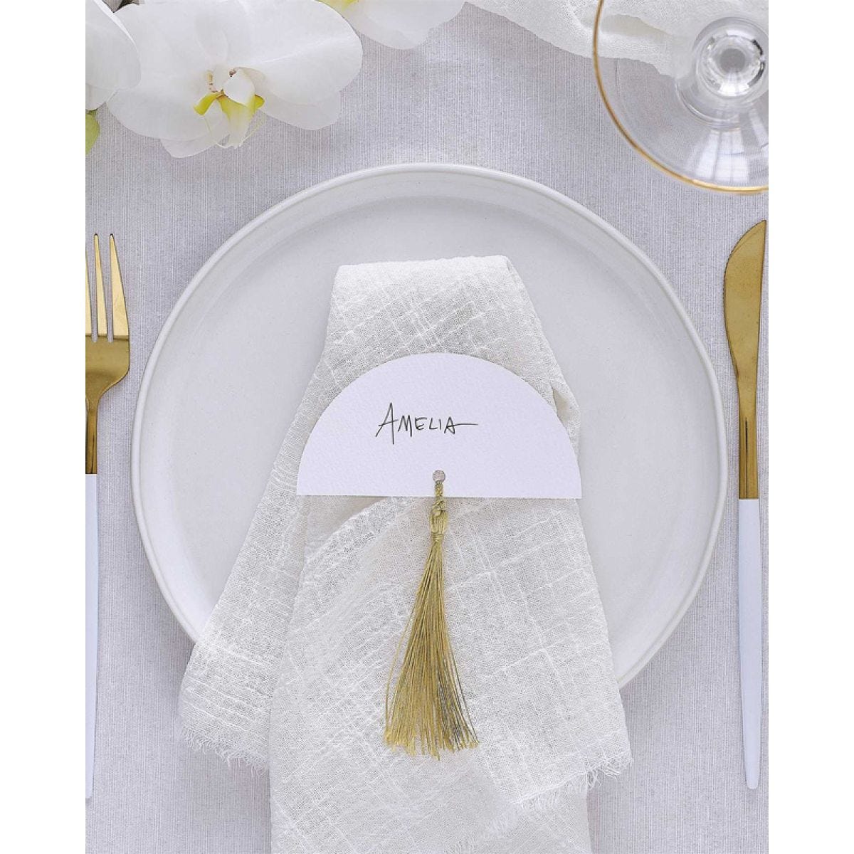 White with Gold Tassels Wedding Paper Place Cards - 3.3cm x 6.5cm (6pk)