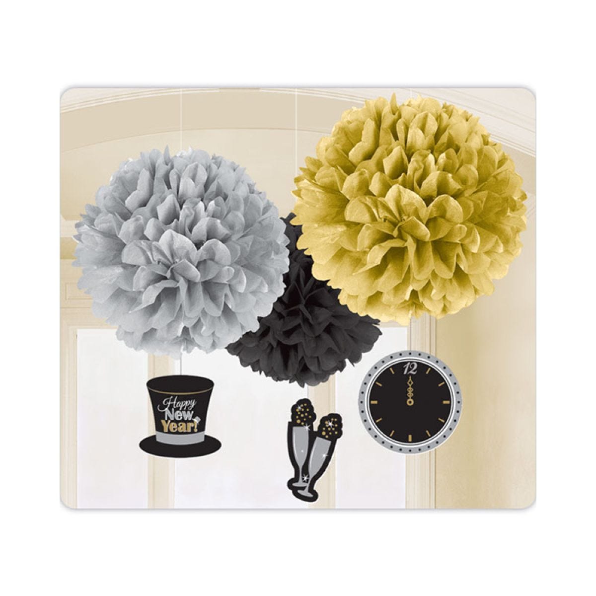 Metallic New Year&apos;s Eve Pom Pom Decorations - 40cm (3pk)