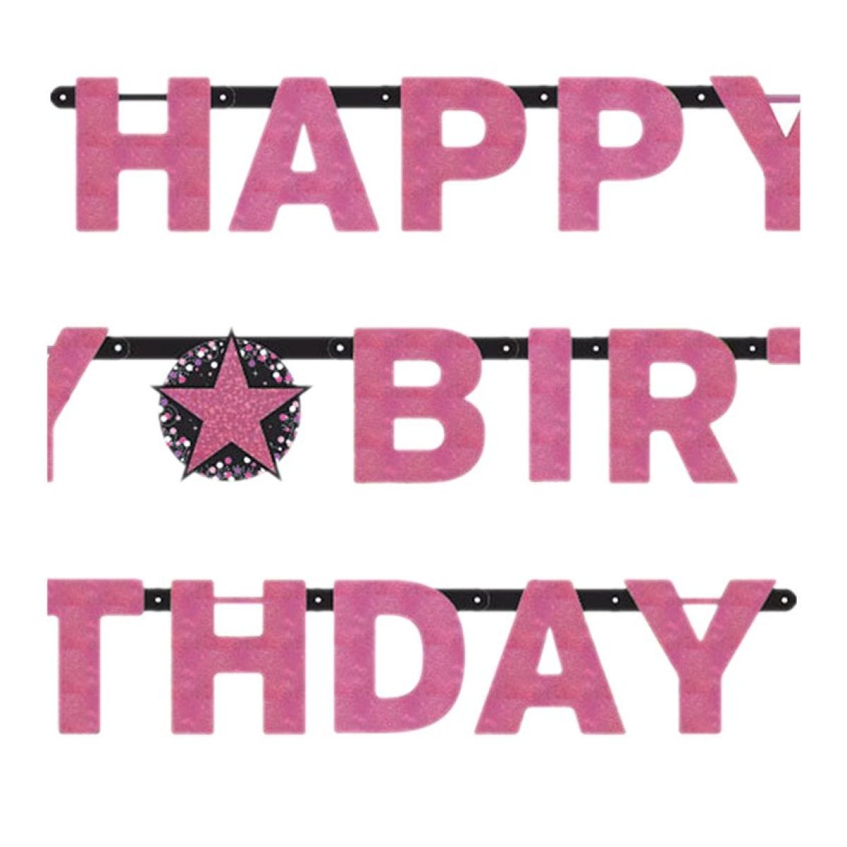 Pink &apos;Happy Birthday&apos; Holographic Paper Letter Banner - 2.1m