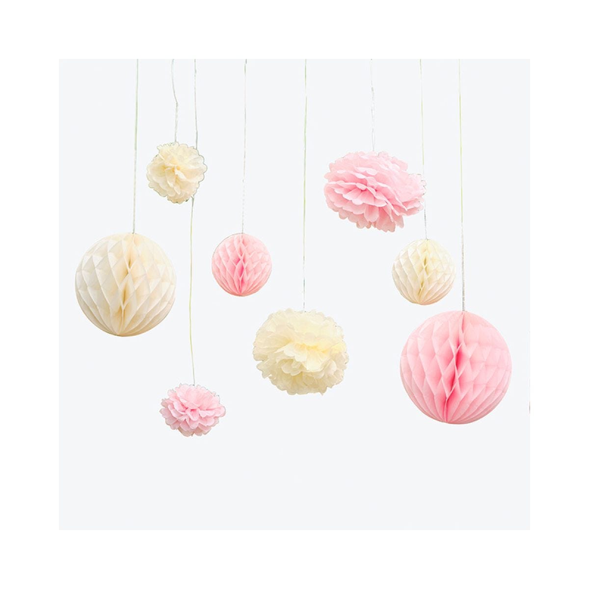 Pink Pompom and Honeycomb Paper Hanging Decorations (8pk)