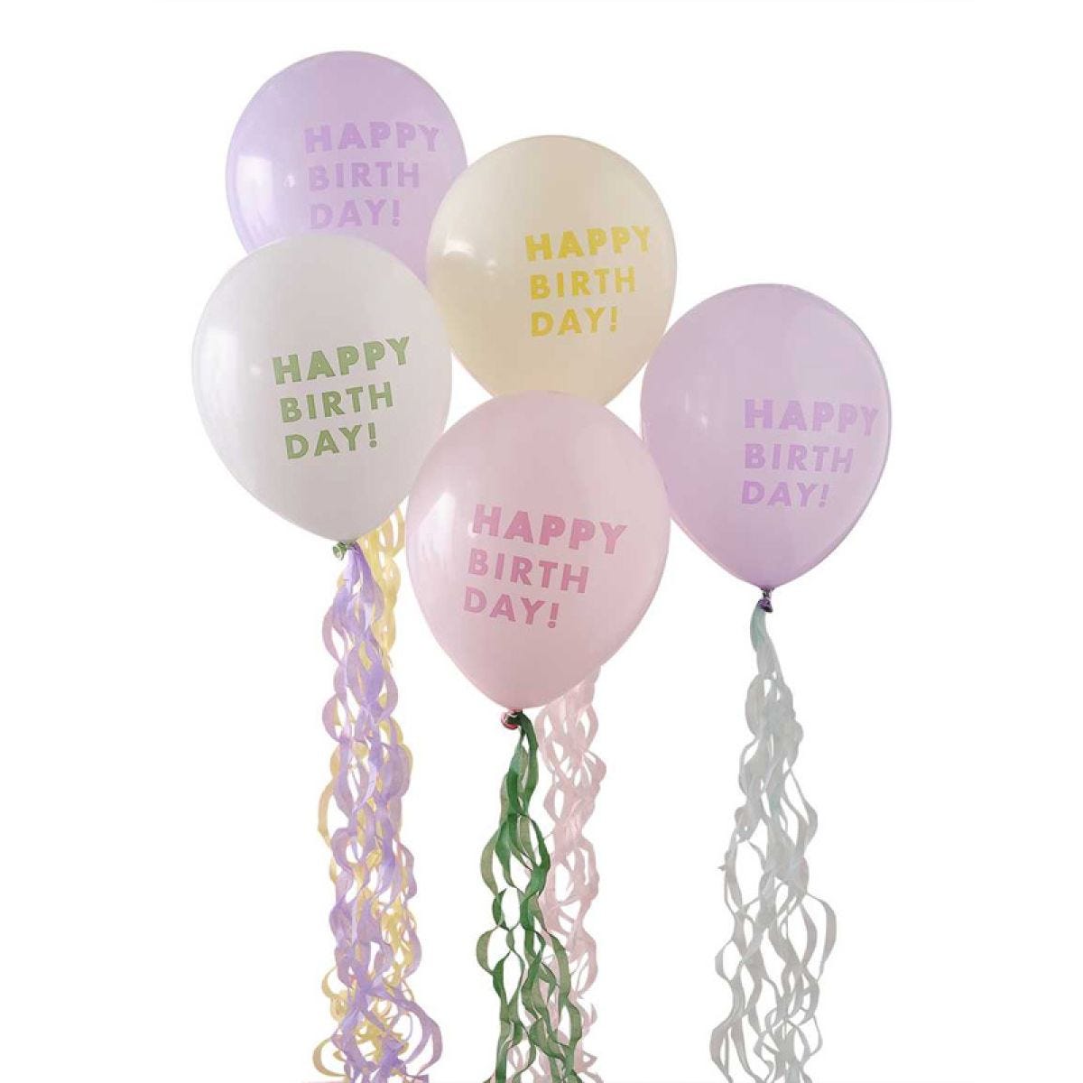 Pastel Wave &apos;Happy Birthday&apos; Balloons with Tissue Paper Tails - 12" Latex (5pk)