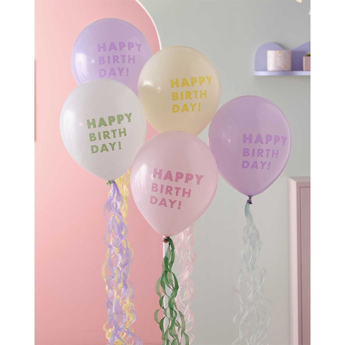 Pastel Wave &apos;Happy Birthday&apos; Balloons with Tissue Paper Tails - 12" Latex (5pk)