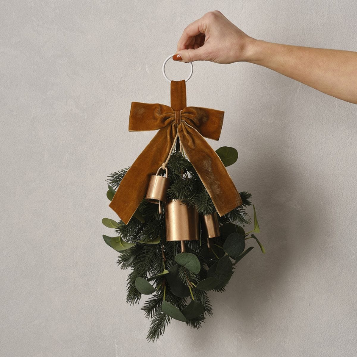 Green Foliage Swag with Bells and Velvet Ribbon