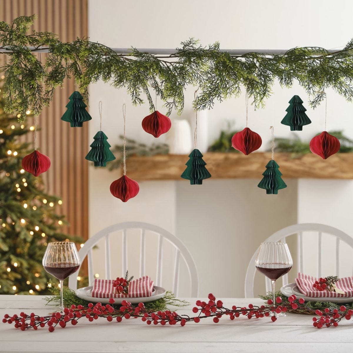 Red & Green Honeycomb Tree Christmas Hanging Decorations