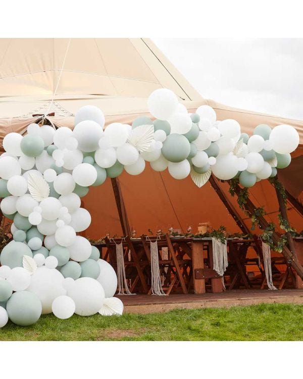White &amp; Sage Balloon Arch with White Fans - 200 Balloons