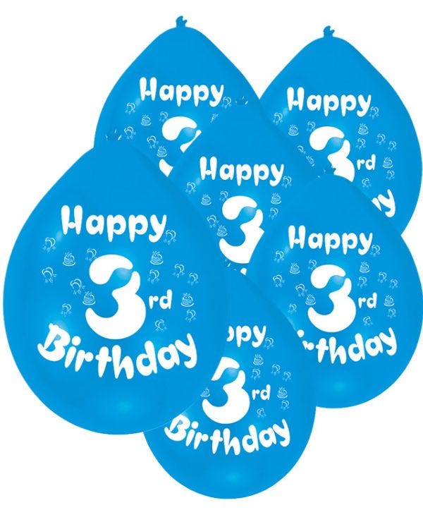 Assorted Multicolour Happy 3rd Birthday - 9&quot; Latex Balloons (10pk)