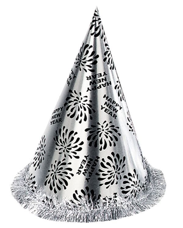 Silver Happy New Year Cone Hat - 28cm
