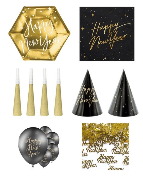 Deluxe Black &amp; Gold New Years Eve Table Decorating Kit for 12