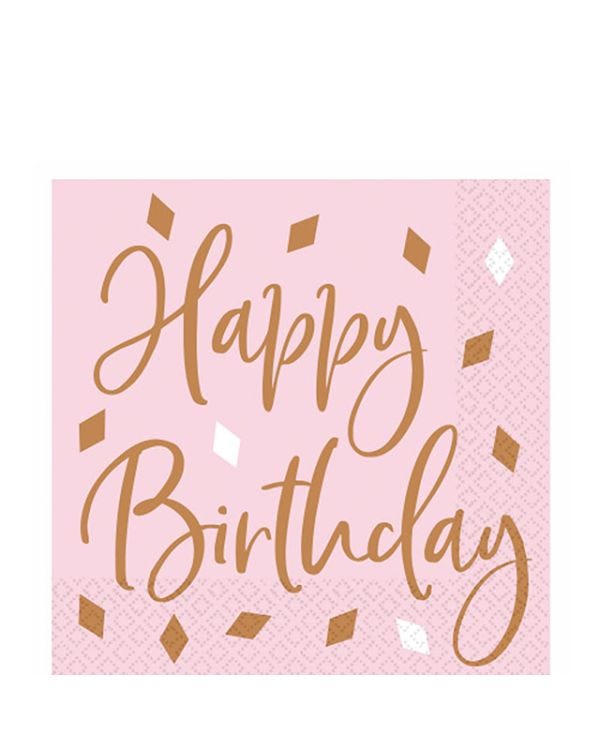 Happy Birthday Rose Gold Paper Napkins 33cm (16pk)