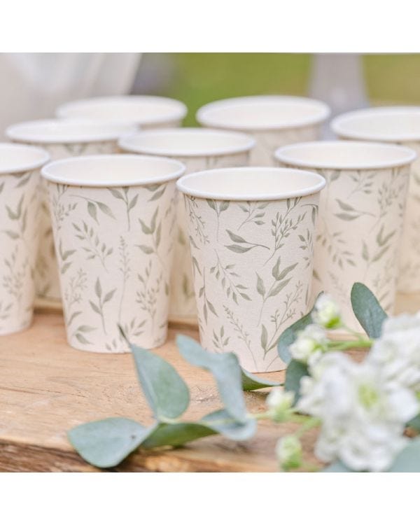 White &amp; Green Botanical Christening Paper Cups - 266ml (8pk)