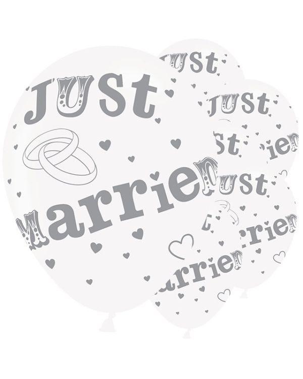 Just Married Silver Balloons - 11&quot; Latex (6pk)