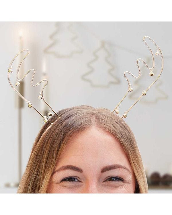 Gold Metal Wire Reindeer Antlers Headband with Bells