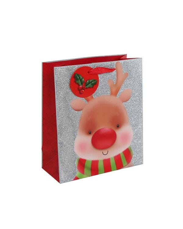 Rudolph Glitter Medium Gift Bag - 25.5cm x 21.5cm