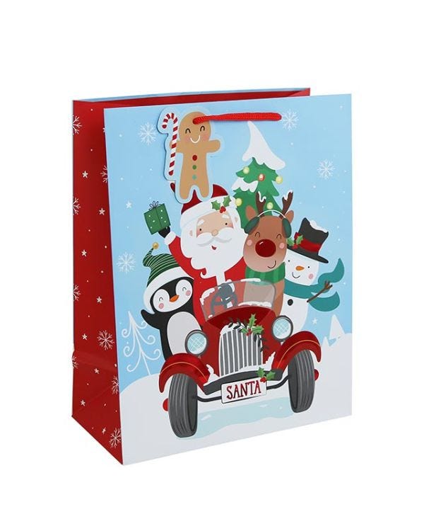 Cute Santa Car Large Gift Bag - 33cm x 26.5cm