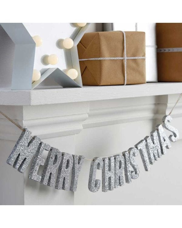 Silver Glitter Merry Christmas Wooden Bunting - 70cm
