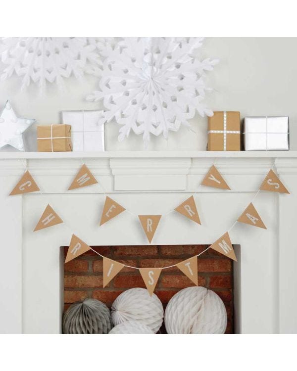 Kraft &amp; Silver Glitter Merry Christmas Flag Bunting - 2.5m