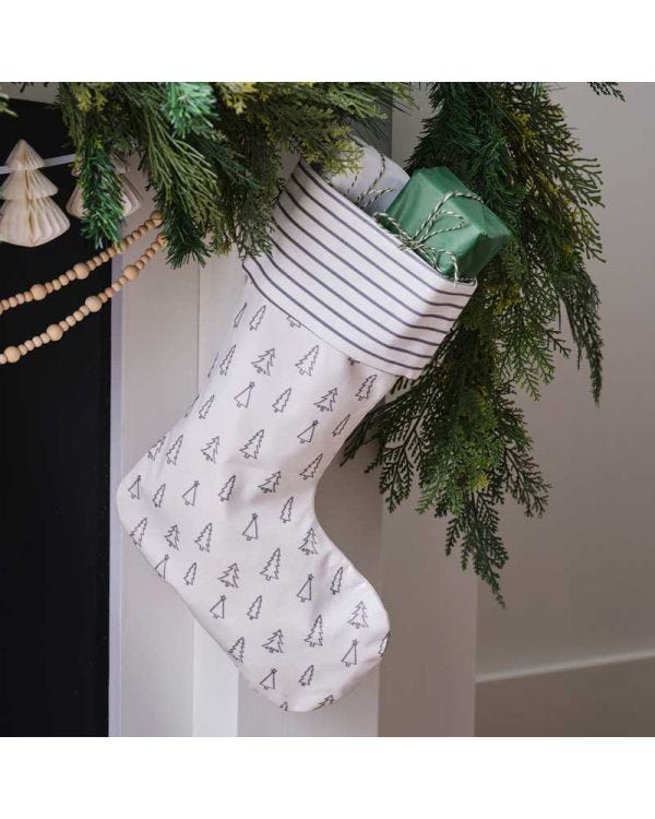 Grey Tree and Stripe Printed Christmas Stocking - 45cm