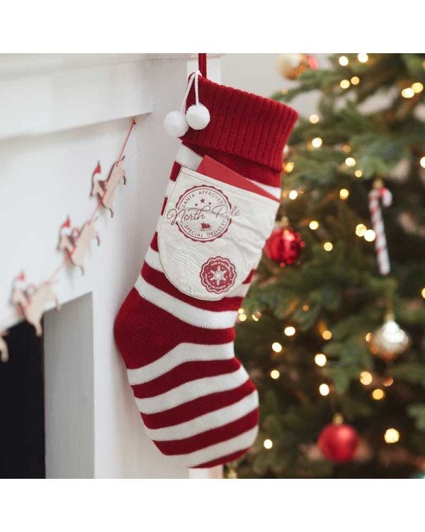 Red &amp; White Knitted Stocking with Pocket - 50cm