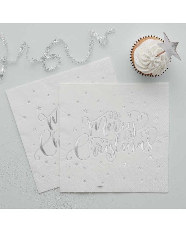 Silver Foiled Merry Christmas Paper Napkin - 33cm (20pk)