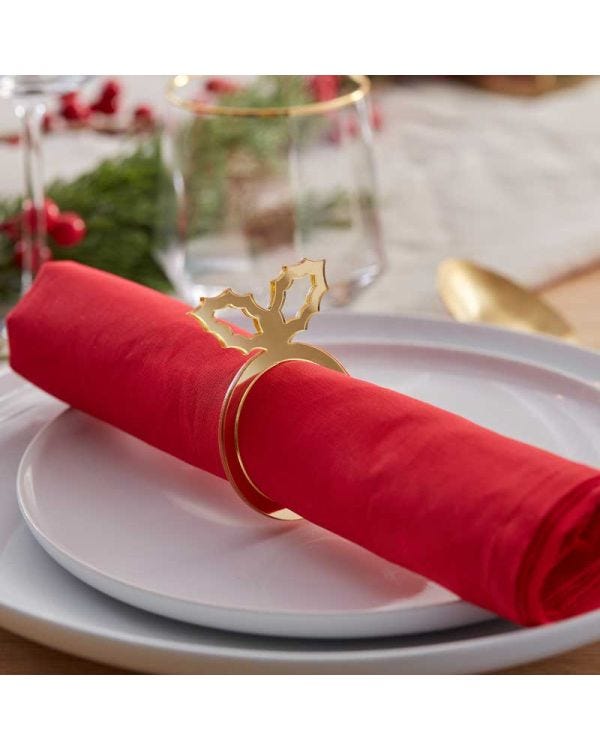 Gold Acrylic Holly Napkin Rings (6pk)