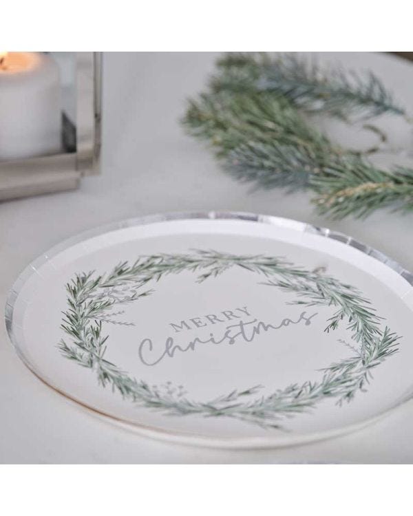 Silver Wreath Merry Christmas Paper Plates - 25cm (8pk)