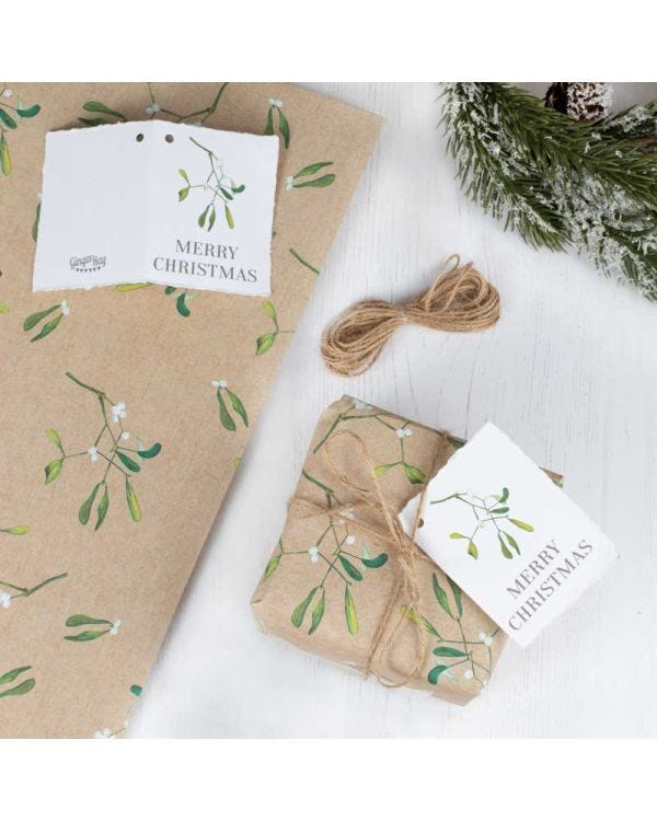 Mistletoe Wrapping Paper Kit with Ribbon &amp; Tags - 2 Sheets (50cm x 70cm)