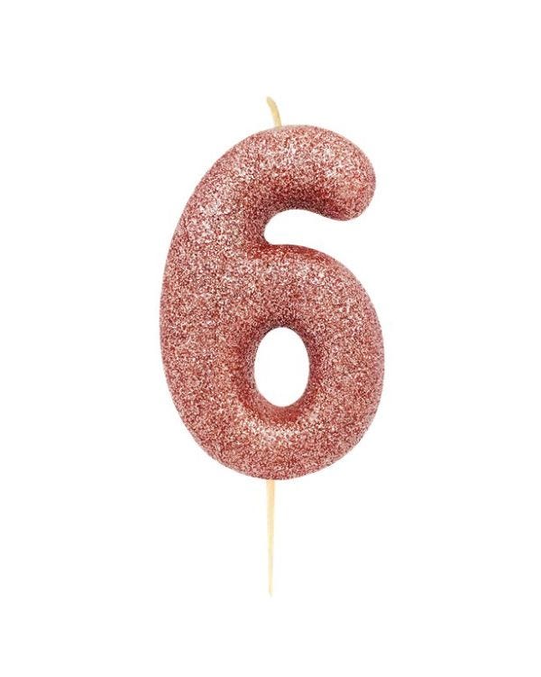 Rose Gold Glitter Number 6 Candle - 7cm