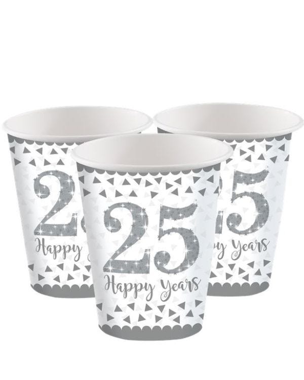 25th Silver Sparkling Wedding Anniversary Cups - 266ml Paper Party Cups (8pk)