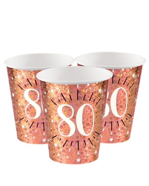 Sparkling Rose Gold 80th Paper Cups - 270ml (10pk)