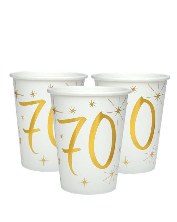 White &amp; Gold Sparkle 70th Paper Cups - 270ml (10pk)
