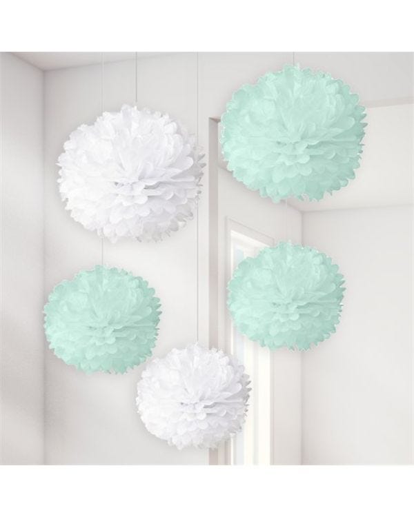 Baby Wishes White &amp; Mint Pom Poms (5pk)