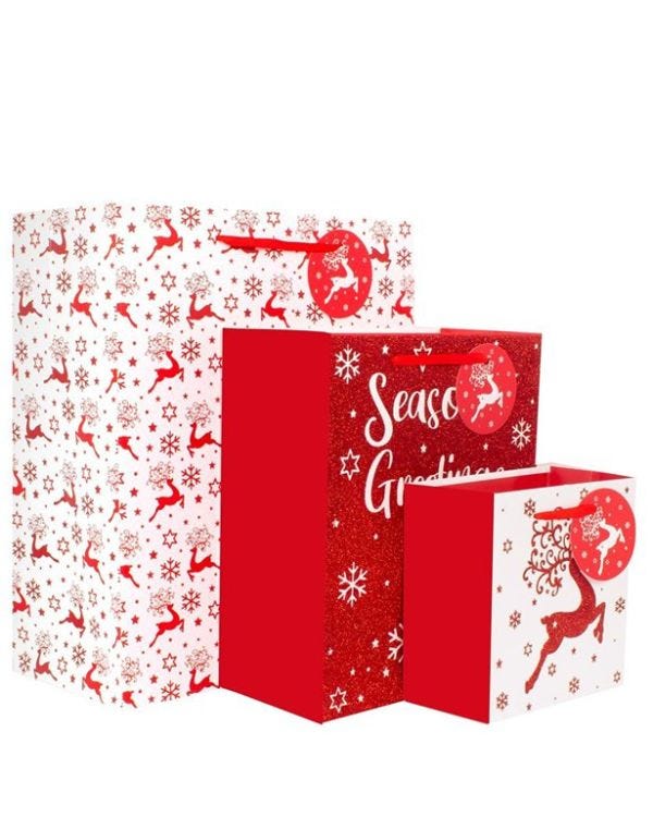 Red Glitter Reindeer Gift Bags (3pk)