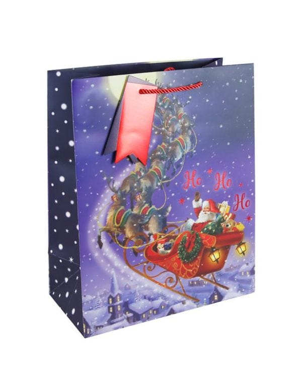 Sleigh Ride Santa Large Gift Bag - 33cm x 26.5cm