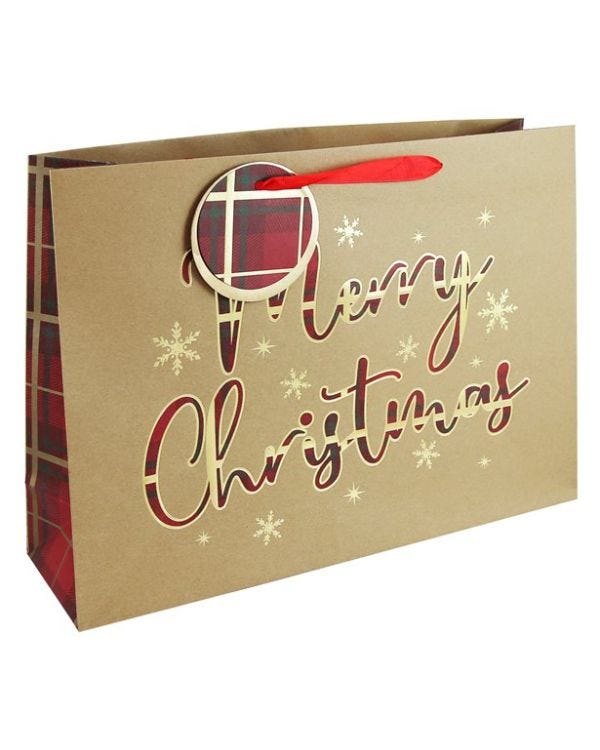 Merry Christmas Tartan Kraft Gift Bag - 44.5cm x 32.5cm