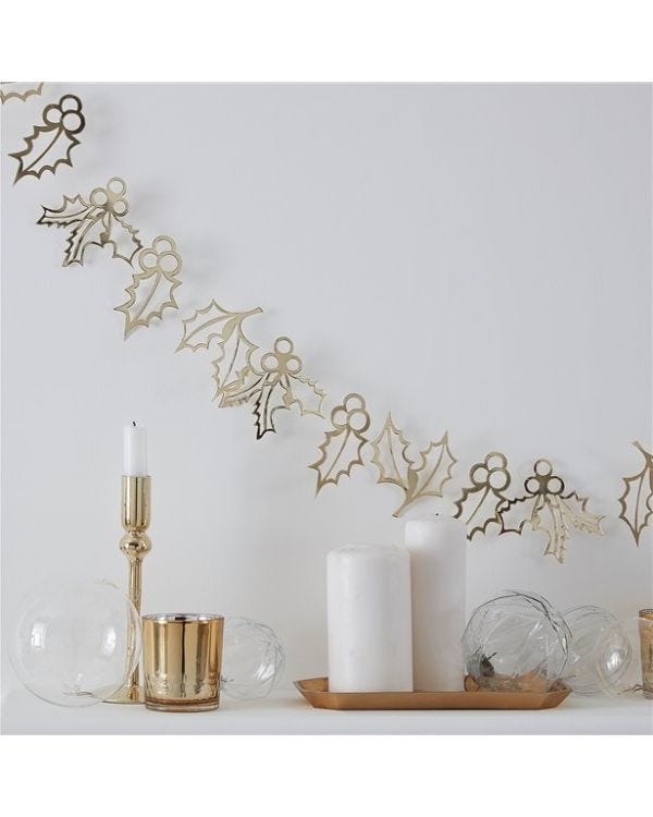 Gold Glitter Holly Garland - 2m
