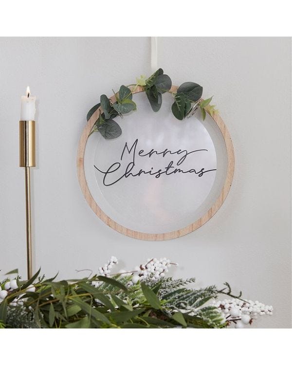 Acrylic Merry Christmas Wooden &amp; Eucalyptus Hoop Wreath - 25cm