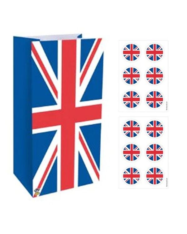 Union Jack Paper Party Bags with Stickers (12pk)