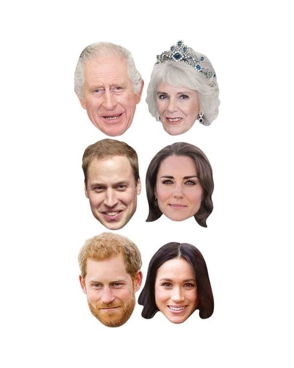Royals Card Masks King Charles, Camilla, William, Kate, Meghan, Harry (6pk)