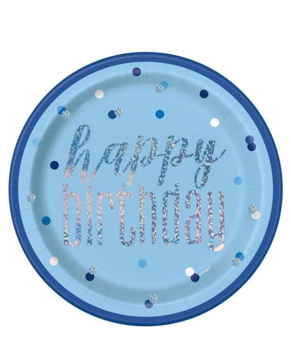 Blue Holographic &#039;Happy Birthday&#039; Paper Plates - 23cm (8pk)