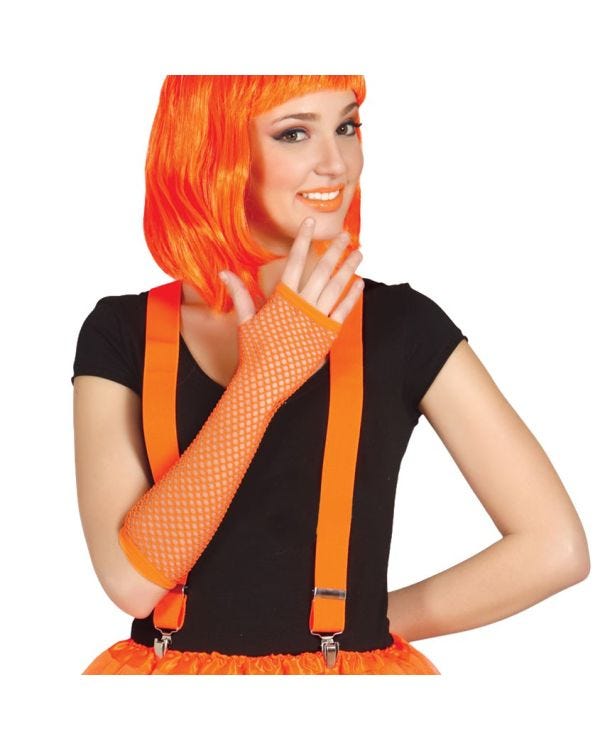 Long Orange Neon Fishnet Gloves