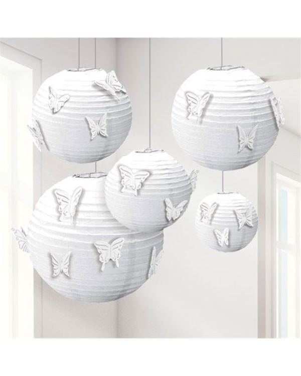 White Paper Lanterns with Butterfly Attachments (5pk)