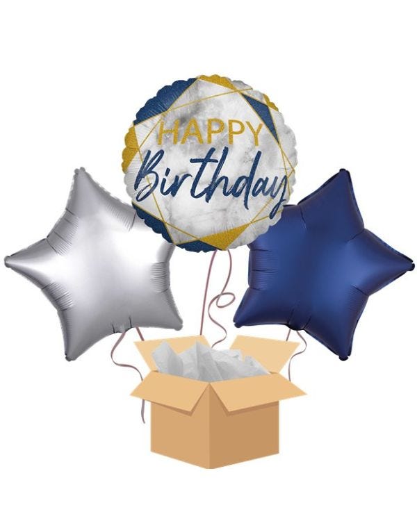 Navy Marble Happy Birthday Balloon Bouquet - Delivered Inflated
