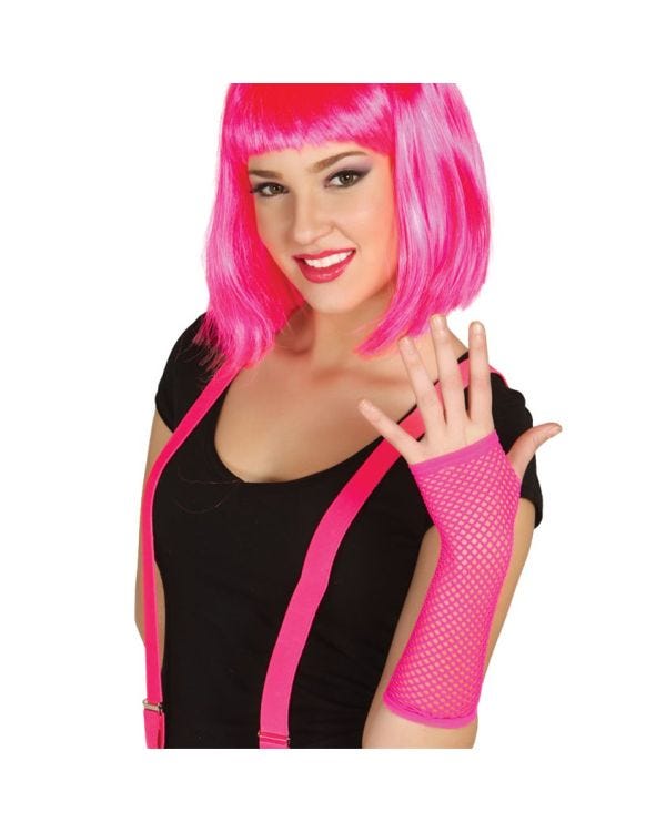 Long Pink Neon Fishnet Gloves