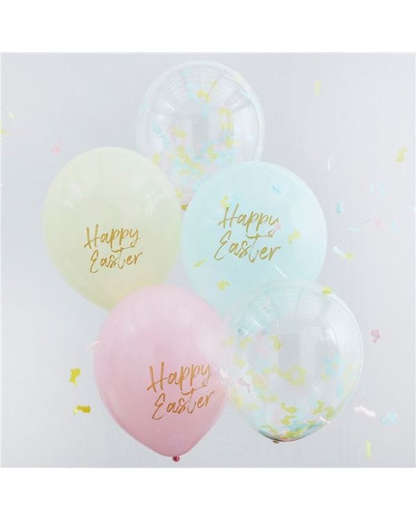 &quot;Happy Easter&quot; Pastel &amp; Confetti Mix Balloons - Latex (5pk)