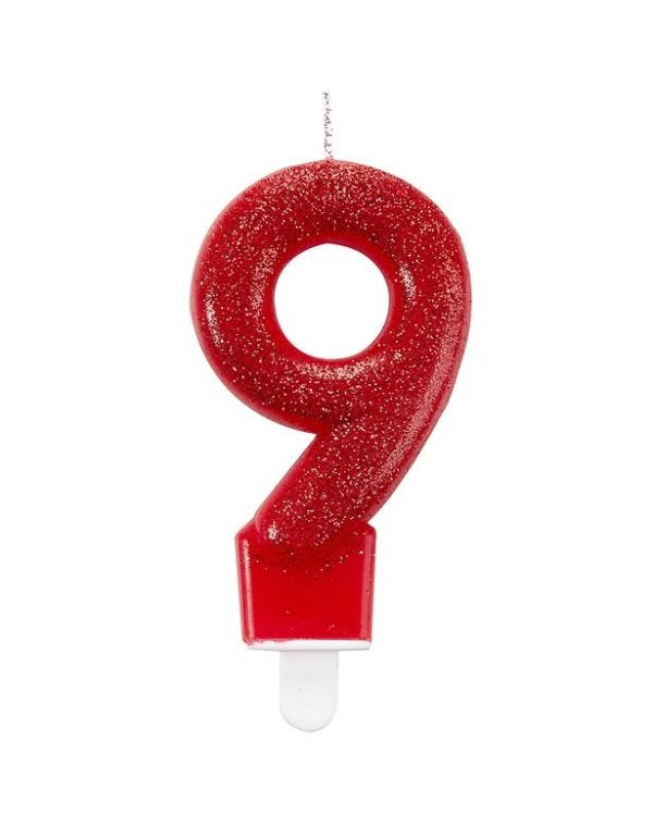 Red Glitter Number 9 Candle - 7.5cm