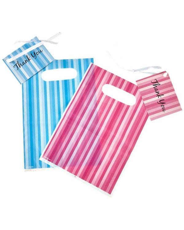 Blue &amp; Pink Stripe Plastic Loot Bags &amp; Tags (8pk)