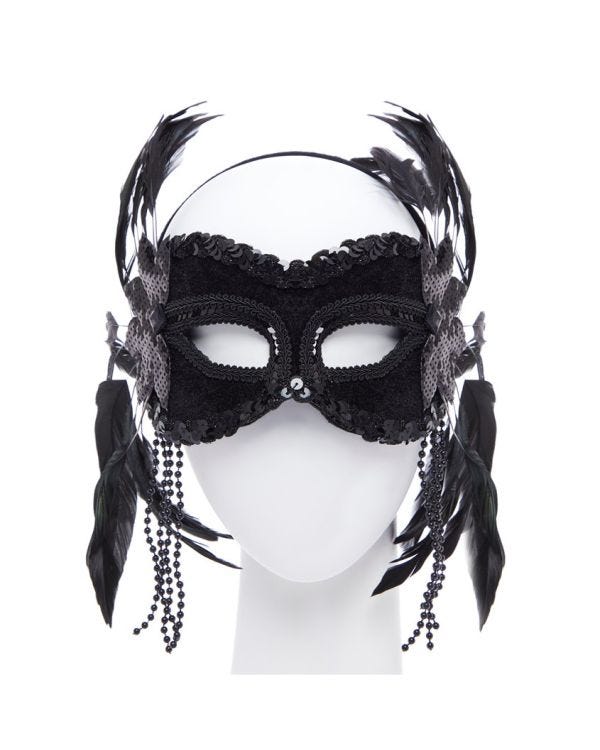 Black Masquerade Mask with Feathers &amp; Beads