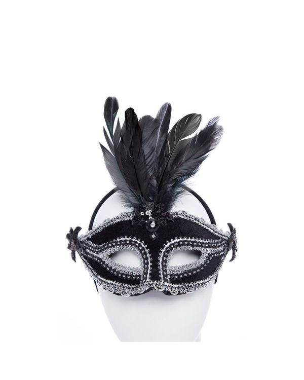 Black Velvet Masquerade Mask with Feathers
