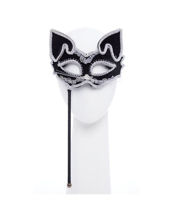 Black Cat Masquerade Mask on Stick
